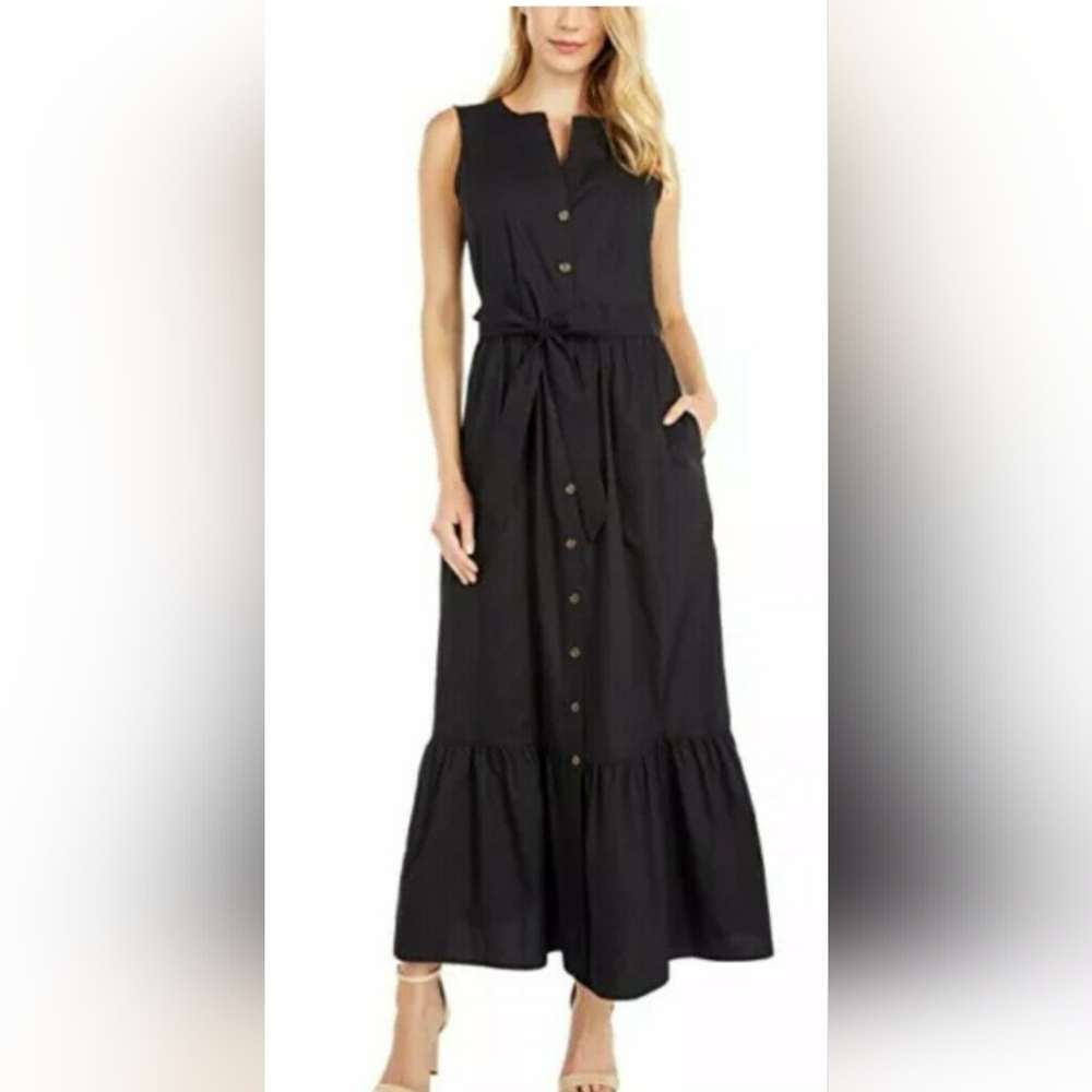 Calvin Klein Maxi Midi Dress Ruffle Hem Pockets Black SZ 16